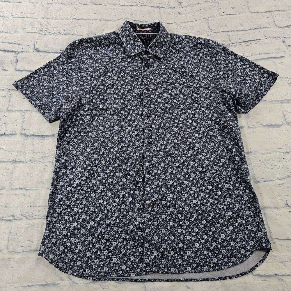 Ted Baker Button Front Shirt Mens 4 L Navy Floral Snobark Short Sleeve Cotton